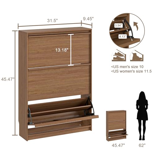 Shoe Cabinet with 3 Flip Drawers, 31.5" W Narrow Shoe Storage Cabinet for Entryway, Slim Shoe Organizer with Adjustable Shelves, Freestanding Shoe Rack for Hallway, Living Room, Walnut - color: Walnut, size: 9.45"D x 31.5"W x 45.47"H