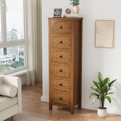 52.55" Tall 6 Drawer Dresser, Wood Chest of Drawers with Fluted Panel | Slim Storage Organizer with Anti-Tipfor Kit Small Spaces,Multipurpose Cabinet for Bedroom, Closet, Hallway, Nursery,Walnut, - size: 11.8"D x 15.7"W x 52.6"H (6 Drawers)
