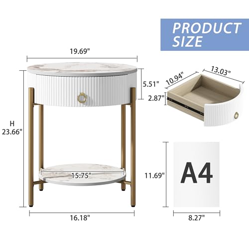 OIOG Round End Table, Nightstand with Storage, Marbling Natural Stone/Gold | Side Table with Storage Drawer, Shelf, Metal Legs, 2 Tier, Modern Design, For Living Room, Bedroom, Office,White and Gold - color: Gold