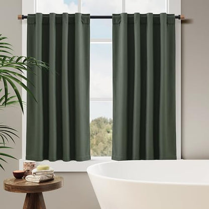 100% Blackout Kitchen Linen Curtains Back Tab Pleated Small Drape 36 Inch Length Privacy Thermal Insulated Elegant Mini Cafe Curtain for Rustic Farmhouse Bathroom Bedroom Olive Green 26x36 - color: Olive Green, size: 26"W x 36"L (Pack of 2)