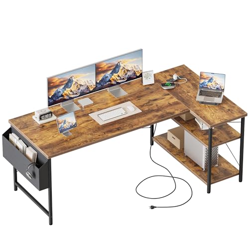 55 inch L Shaped Gaming Desk, Large Corner Desk with Shelves | Reversible Computer Desk with Power Outlets & Storage Bag, Office Table for Home Bedroom Study Work Writing - color: Brown, size: 54 inch
