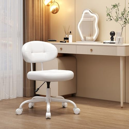 Misolant Vanity Chair with Back, Small Armless Cute office Chair with wheels and Lumbar support, Comfy PU Leather Desk Computer Chairs with Adjustable Height, 360°Swivel for Home Bedroom Office, White - color: White