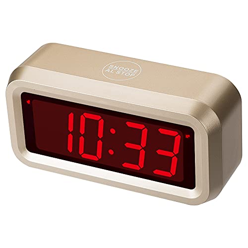 Alarm Clock for Bedrooms, LED Digital Clock Battery Operated Small Wall Clock with 3 Level Brightness Adjustable,Snooze,12/24Hr,1.2" Digital Display for Desk, Bebside,Table, Travel - color: Golden