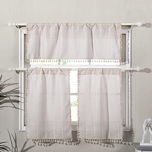 RoomTalks Boho Kitchen Valances for Windows Embroidered French Striped Farmhouse Vintage Chic Textured Tassel Curtain Valances for Bathroom Living Room Bohemian Decor (18’’L x 52’’W, Beige) - color: Beige, size: 52"W x 18"L (Pack of 1)