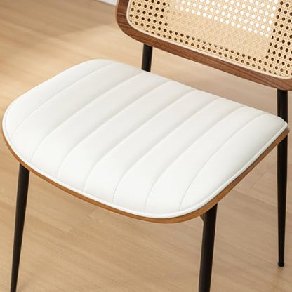 Rattan Dining Chairs Set of 4,Mid Century White PU Leather Kitchen Chairs,Upholstered Seat Metal Legs Chairs with Adjustable Foot Pads,Walnut Armless Side Chairs - color: White, size: Set of 4