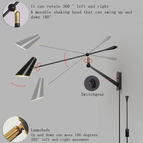 Adjustable Directional Plug in wall Light Swing arm, Unique Long Pole wall Lamps for Living Room Sofa Background Wall, Movable Retro Style Dining Table Large wall Mount lamp, E26 Base - color: Black Gold