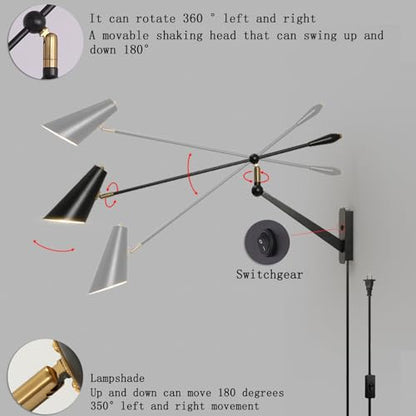 Adjustable Directional Plug in wall Light Swing arm, Unique Long Pole wall Lamps for Living Room Sofa Background Wall, Movable Retro Style Dining Table Large wall Mount lamp, E26 Base - color: Black Gold