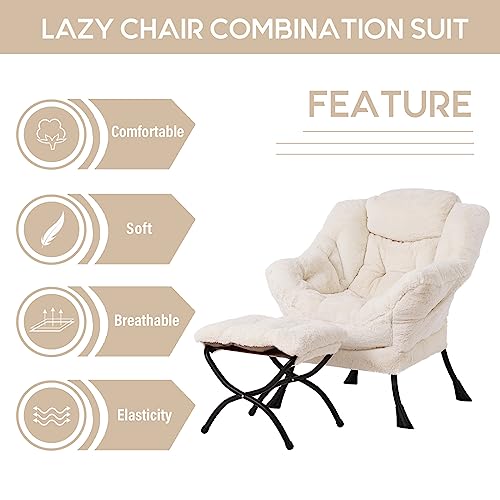 Lazy Chair with Ottoman, Modern Accent Leisure Upholstered Sofa Chair, Lounge Reading Chair with Armrests and a Side Pocket for Living Room, Bedroom & Small Space, Plush Beige | Foldable Footrest,Removable Cover,with Armrests and Side Pockets,Upholstered