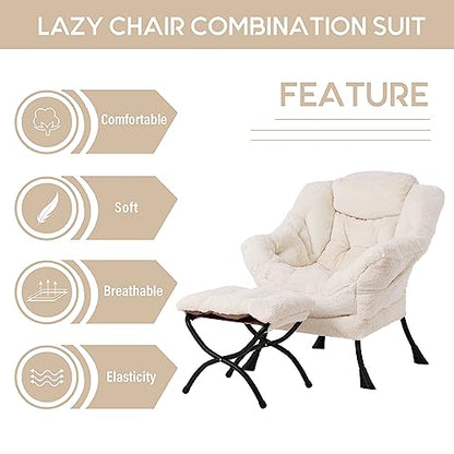 Lazy Chair with Ottoman, Modern Accent Leisure Upholstered Sofa Chair, Lounge Reading Chair with Armrests and a Side Pocket for Living Room, Bedroom & Small Space, Plush Beige | Foldable Footrest,Removable Cover,with Armrests and Side Pockets,Upholstered