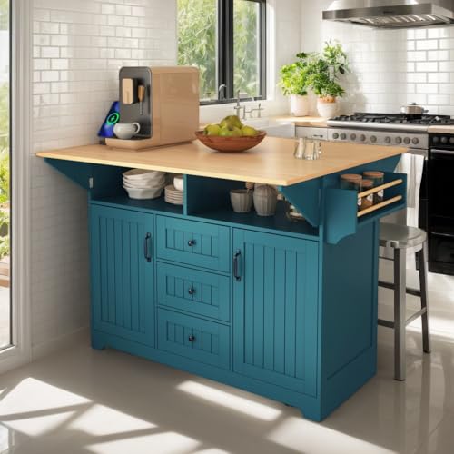 Kitchen Island with 2 Drop Leaf, Home Cart Island on Wheels Foldable Dining Table with Power Outlets,3 Drawers,Storage Cabinet, Tower Rack(Green) - color: Green