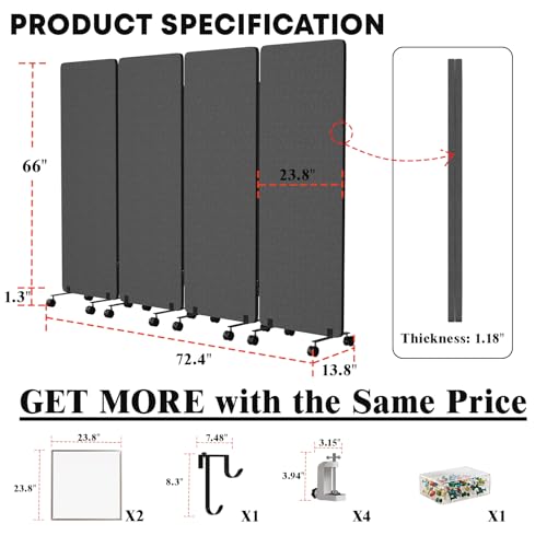 4 Panel Soundproof Room Divider W/Wheels, Office Divider with Whiteboard | 66" H with Detachable Whiteboard/Clips/Hooks/Pushpins,Wheeled Room Dividers, Easy to Move,For Conference Room Partitions - color: Dark Grey, size: 4-Panel-with Board