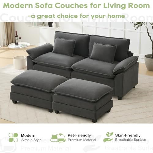86" Modular Sectional Sofa, Comfy Deep Cloud Couch with Ottoman | Couches for Living Room, Sofa Bed, Modular Couch, Deep and Wide Seat, Velvet Sofa Sleeper with Throw Pillows, Blue Grey - color: Blue Gray, size: 86 Inch 4