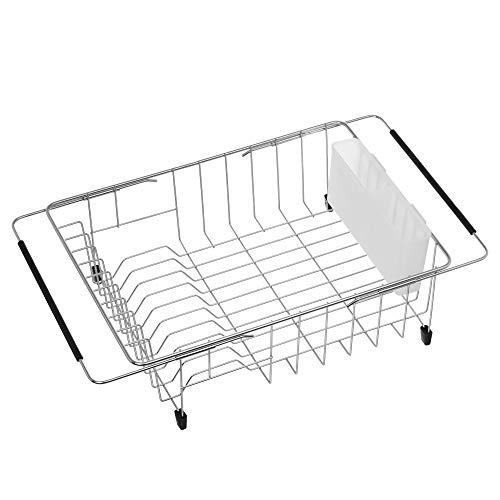 Expandable Multifunctional Dish Drying Rack, Over The Sink, in Sink Or On Counter Dish Drainer Rack Organizer Shelf with White Utensil Silverware Holder, Rustproof Stainless Steel - color: White