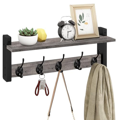 Wall Hooks with Shelf, Coat Rack Wall Mount, Entryway Shelf with Hooks for Clothes, Backpack, Key, Purse - Rustic Grey - color: Rustic Grey, size: 17.1 Inch Long