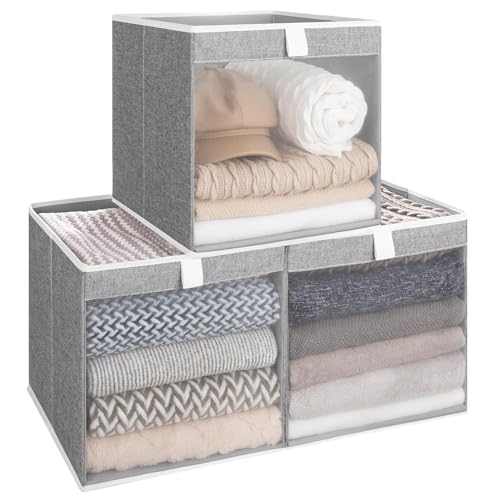 StorageWorks 13x13 Storage Cubes, Closet Storage Bins with Clear Window, Large Fabric Organizer for Clothes, Collapsible Storage Baskets with Handles, Gray, 3-Pack - color: Gray, size: 13"L x 13"W x 13"H