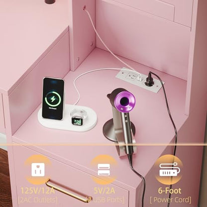 TOKSOM Large Pink Vanity Desk with Mirror and Charging Station, Makeup Desk with 8 Drawers, 2 Cabinets and Lots Storage, Dressing Table Vanity Set for Girls 58.3 inch - size: 58.3 inch, style: Modern Pink