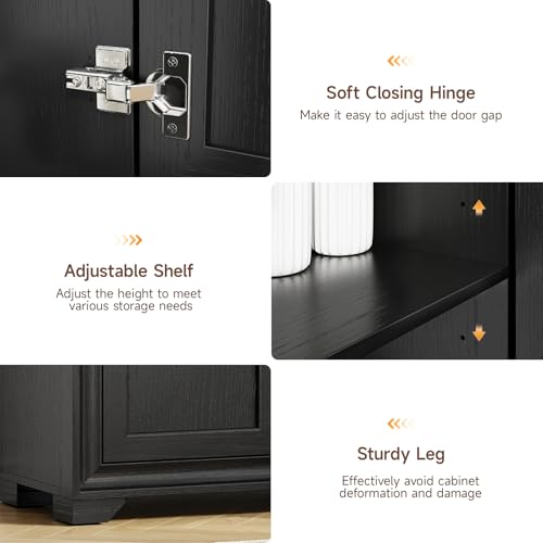 60" Buffet Cabinet with Storage, 4 Doors & Adjustable Shelves Black | Credenza Sideboard Cabinets Wood with Adjustable Shelves, Modern Kitchen Coffee Bar Table for Dining Living Room, Entryway - color: Black
