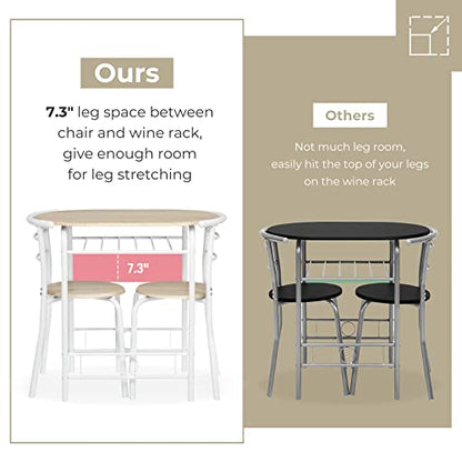 VINGLI 3 Piece Dining Set,Small Kitchen Table Set for 2,Breakfast Table Set,Kitchen Wooden Table and 2 Chairs for Small Space/Dining Room/Apartment,Metal Frame,Wine Rack,White&Light Oak - color: White&light Oak