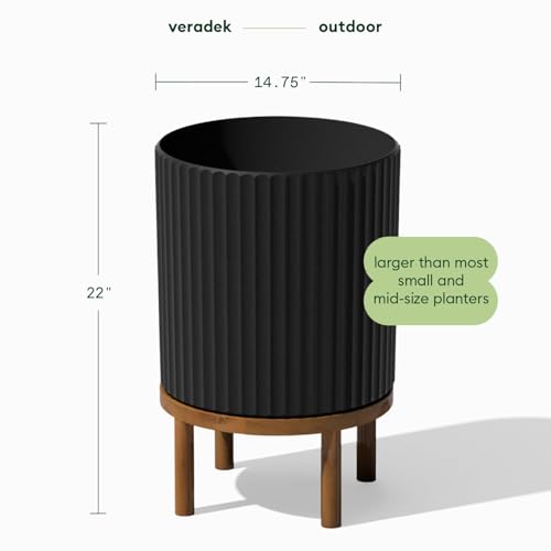 Veradek Demi Series Round Planter w/ Stand for Porch/Patio | Durable Plastic-Concrete & Wooden Stand | Modern Décor for Tall Plants, Flowers - color: Black/Brown, size: 16 inch