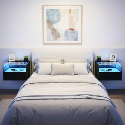Arbuxzuy Floating Nightstand Set of 2 with Charging Station and Drawer | Black Modern Wall Mounted Bedside Table set owith Open Shelf, Floating Nightstand Made of Minimalist Wood & Glass for Bedrom