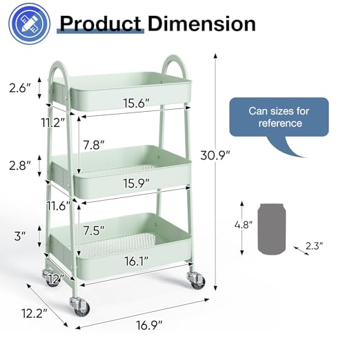 OLIXIS Metal 3 Tiers Rolling Storage Utility Cart with Lockable Wheels | Mobile Organizer Shelf, Space-Saving, Freestanding, Bathroom, Living Room, Slim, Narrow Corner Spaces, Pale Green - color: 3-tiered Pale Green, size: 3-Tiered 17 inches