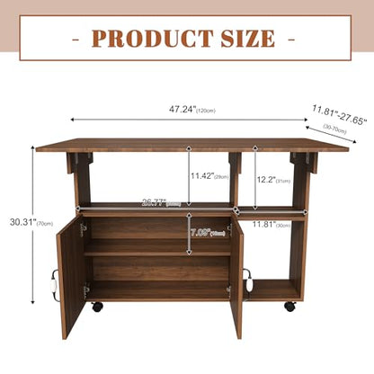 KEIKI 47 Inch Foldable Dining Table, Multi-Functional Folding Table with Storage Shelves and Wheels, Drop Leaf Extendable Dining Desk, Versatile Foldable Side Table for Kitchen, Dark Walnut - color: Drak Walnut