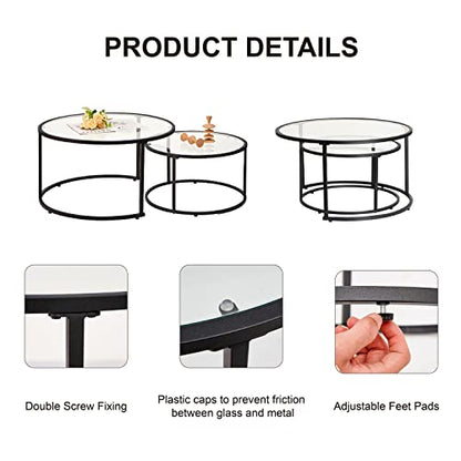 Modern Nesting Glass Coffee Table Set of 2, Round Tempered Glass Coffee Table for Living Room & Bedroom, Space-Saving Design with Adjustable Feet (Large Size + Black Frame) - color: Large Size + Black Frame