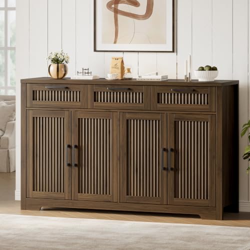 55" Fluted Buffet Sideboard Cabinet with Storage, Kitchen Buffet Table | Console Cabinet with 3 Drawers & 4 Doors, Wood Coffee Bar Console Table with Adjustable Shelf for Living Room, Walnut - color: Walnut, size: 4 Doors & 3 Drawers