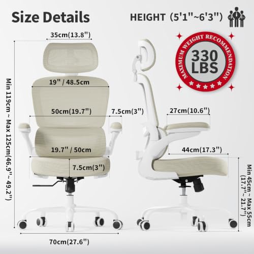 TRALT Ergonomic Office Chair Desk Chair with Adjustable Lumbar Support | Home Office Desk Chairs with Flip-up Armrests & 3D Headrest - Mesh Gaming Chairs for Adults, 330lbs, PU Leather (Beige, 1) - color: Beige, size: Pack of 1