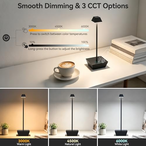 Modern Cordless Table Lamp Rechargeable, 6000mAh Battery Operated, Touch Control 3 Color Stepless Dimming, Waterproof LED Wireless Desk Lamp for Restaurant, Bedroom, Kitchen, Outdoor Camping, Bathroom - color: T1005-Black, size: 1pack