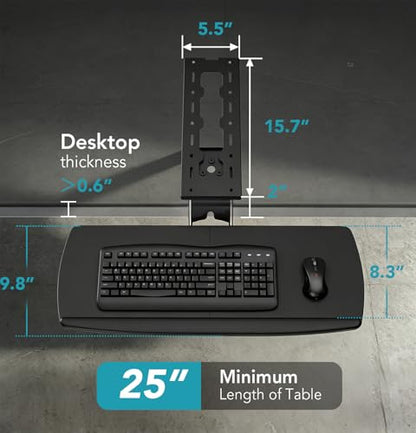 Keyboard Tray Under Desk with Storage Drawer, Height Adjustable Keyboard Tray Slide Out 360° Swivel Tilt, Ergonomic Under Desk Mount Keyboard & Mouse Holder for Gaming Home Office, Black - size: 25” Length