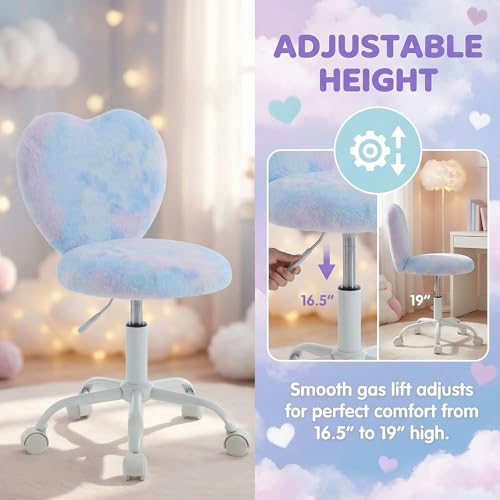 chairus Kids Desk Chair Faux Fur Study Chair for Teenage Girls, Adjustable Heart Shaped Kids Vanity Chair for Bedroom Reading Living Room, Small Cute Student Task Chair with White Foot, Baby Blue - color: Baby Blue