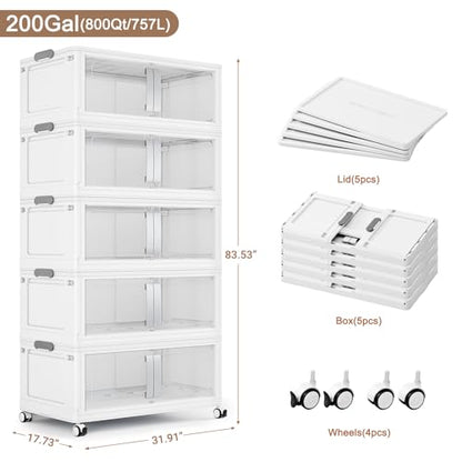 BROVIEW 800Qt Extra Large Stackable Storage Bins with Lids, 5-Pack White | 200Gal Collapsible Storage Bin with Wheels Clear Door, Folding Plastic Closet Organizers and Storage Drawers for Home Kitchen