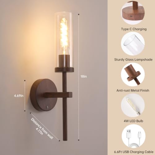 Shenmoyl Battery Operated Wall Sconces Set of 2, Walnut Color Rechargeable Wall Lighting Fixtures, Dimmable Wall Lights with Remote & Clear Glass Shade for Living Room, Bathroom,Bedroom - color: Walnut - Clear Glass
