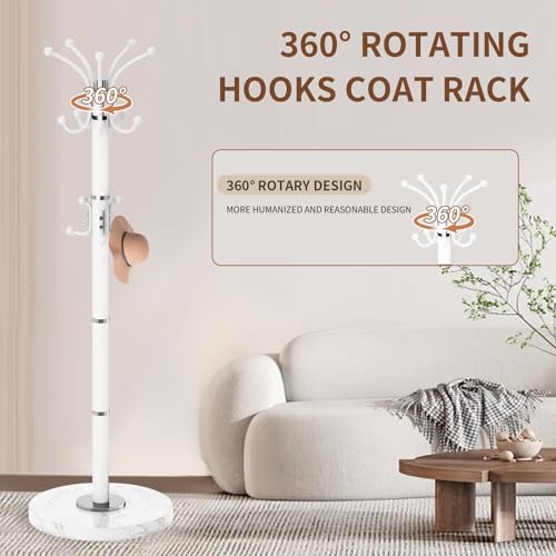 Coat Rack Stand 360°Rotary Coat Rack Freestanding with 16 Hooks | Modern Metal Coat Rack with Natural Marble Base,Coat Hanger Stand, White Coat Hall Clothes Tree for Hallway,Entryway,Office - color: White-16Hooks