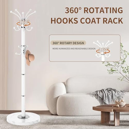 Coat Rack Stand 360°Rotary Coat Rack Freestanding with 16 Hooks | Modern Metal Coat Rack with Natural Marble Base,Coat Hanger Stand, White Coat Hall Clothes Tree for Hallway,Entryway,Office - color: White-16Hooks