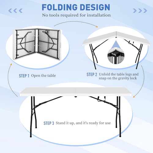 6FT Folding Table, Heavy Duty Plastic Table Portable Fold-in-Half Utility Table Indoor Outdoor Picnic Table w/Handle & Lock for Camping BBQ Party Wedding Market Events, 500LBS - size: 6 FT