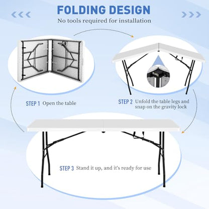 6FT Folding Table, Heavy Duty Plastic Table Portable Fold-in-Half Utility Table Indoor Outdoor Picnic Table w/Handle & Lock for Camping BBQ Party Wedding Market Events, 500LBS - size: 6 FT
