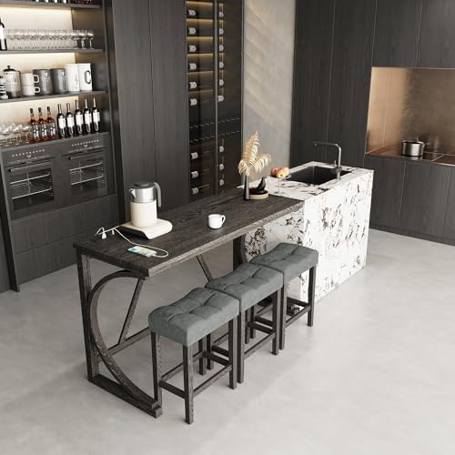 allamazing 4-Piece Counter High Bar Table Set with Socket and 3 Fabric Padded Bar Stools, Tall Kitchen Breakfast Nook with Stool, Black - color: 1+3 Black