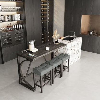 allamazing 4-Piece Counter High Bar Table Set with Socket and 3 Fabric Padded Bar Stools, Tall Kitchen Breakfast Nook with Stool, Black - color: 1+3 Black