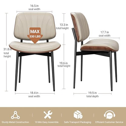 Dining Chairs Set of 2, Mid-Century Modern Upholstered PU Leather Chairs | with Walnut Bentwood Back and Metal Legs Adjustable Feet for Kitchen Dining Room, Greige Shell Strips - color: Greige Shell Strips
