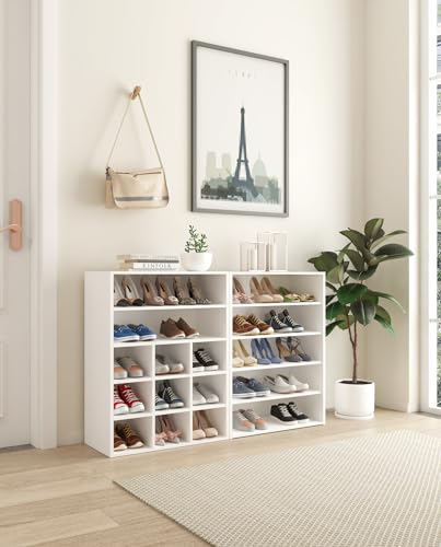 HAIOOU Shoe Cubby, 9-Cube Stackable Wood Shoe Rack Organizer 24 Inch, White | 5-Tier Freestanding Shoe Stand with 2 Storage Shelf, Holds 10-15 Pairs, Ideal for Apartment, Entryway, Closet Organization