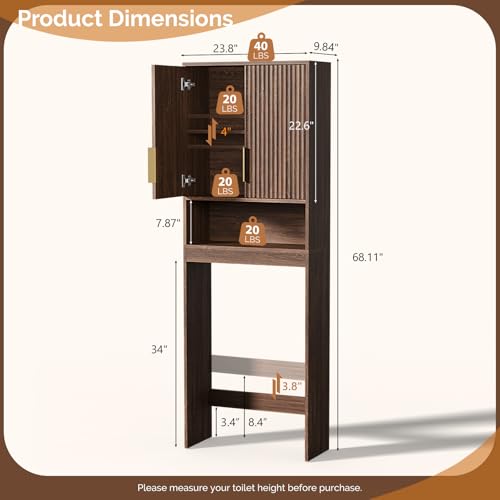 VINGLI Over The Toilet Storage Cabinet, Mid Century Modern Bathroom Organizer with Fluted Doors, Freestanding Wooden Space Saver Stand with Adjustable Shelves for Laundry, Dark Walnut - color: Dark Walnut, size: 9.5"D x 23.6"W x 68"H