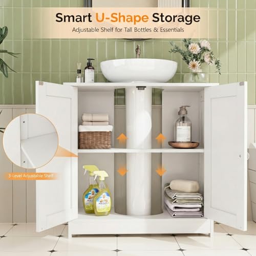 Bonnlo Pedestal Sink Storage Cabinet with 2 Doors Traditional Under Sink Cabinet Bathroom Space Saver Organizer with Adjustable Shelf White 23 5/8" W x 11 7/16" D x 23 5/8" H - color: White