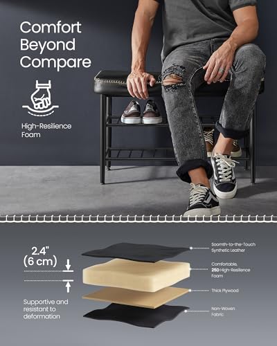 VASAGLE Shoe Bench, Synthetic Leather with Stitching, Loads 300 lb | Shoe Rack Bench Entryway, Mid-Century Modern, 31.5 x 11.8 x 19.7 Inches, Ink Black, EKHO Collection ULSB054B01 - color: Ink Black, size: 31.5"W