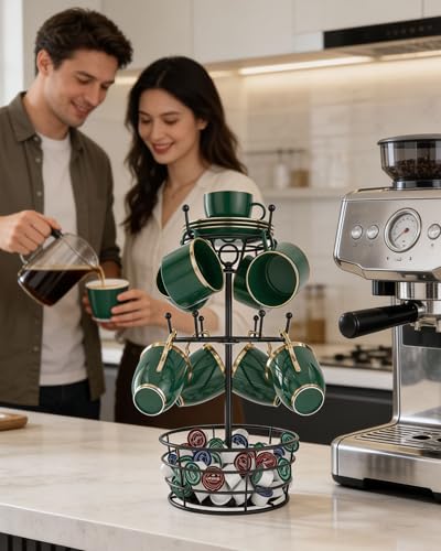 360° Rotating Coffee Cup Holder Tree | 3-Tier Metal Mug Rack with 10 Hooks, Coffee Bar Organizer Decor for Kitchen Countertop