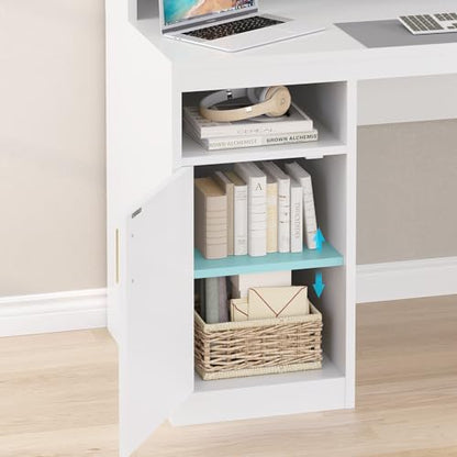 65" White Computer Desk with 3 Drawers & Printer Shelf for Home Office | White Desk with Printer Shelf & File Drawer, Executive Desk Writing Study Table with Monitor Stand, Storage Cabinet - color: White
