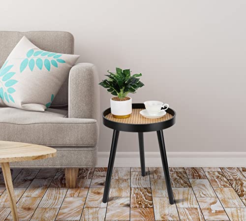 Rattan Round Side Table, Black Small End Table, Accent Table, Modern Boho Bedside Table, Mid-Century Patio Side Table, End Tables for Living Room Bedroom Office Balcony - color: Black-set