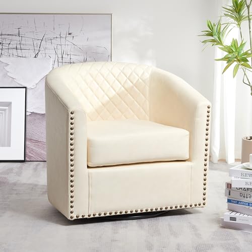 KINWELL 29" W Faux Leather Tufted PU Swivel Barrel Accent Chair, Cream | No Assembly Vegan Leather Upholstered Swivel Club Chair with Nailhead Trim, Modern Armchair for Small Spaces Apartment - color: Cream, style: Set of 1