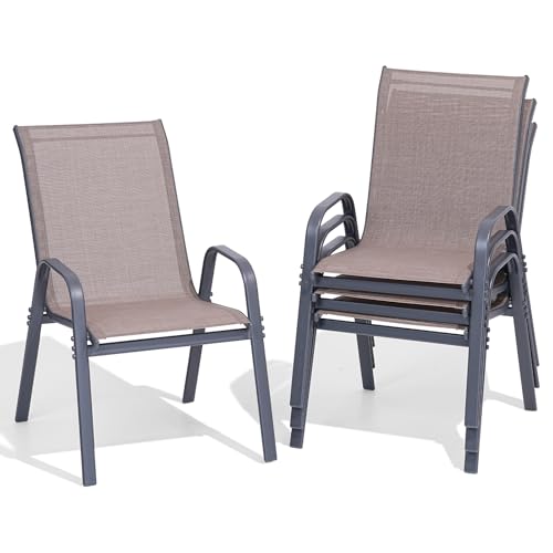 Patio Chairs Set of 4, All Weather Outdoor Dining Chairs | Stackable Dining Furniture Set, Breathable, High Back, Lawn, Garden, Backyard, Poolside Furniture - color: Brown